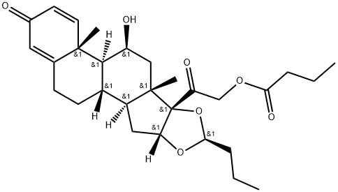 Pregna-1,4-diene-3,20-dione, 16,17-[butylidenebis(oxy)]-11-hydroxy-21-(1-oxobutoxy)-, [11β,16α(S)]- (9CI) Struktur