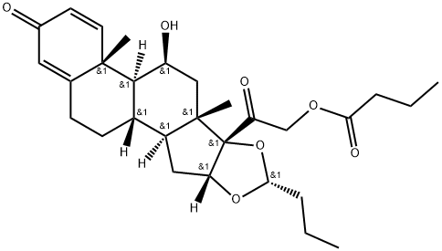 Pregna-1,4-diene-3,20-dione, 16,17-[butylidenebis(oxy)]-11-hydroxy-21-(1-oxobutoxy)-, [11β,16α(R)]- (9CI) Struktur