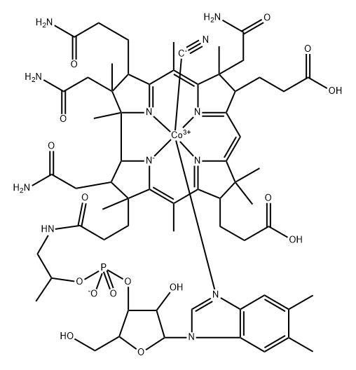 Cobinic acid-abcg-tetramide, Co-(cyano-κC)-, dihydrogen phosphate (ester), inner salt, 3'-ester with (5,6-dimethyl-1-α-D-ribofuranosyl-1H-benzimidazole-κN3) (9CI) Struktur