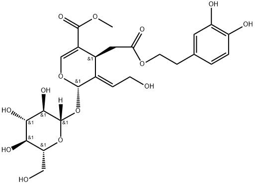 2H-Pyran-4-acetic acid, 2-(β-D-glucopyranosyloxy)-3,4-dihydro-3-(2-hydroxyethylidene)-5-(methoxycarbonyl)-, 2-(3,4-dihydroxyphenyl)ethyl ester, (2S,3E,4S)- Struktur