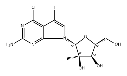 7H-Pyrrolo[2,3-d]pyrimidin-2-amine, 4-chloro-5-iodo-7-(2-C-methyl-beta-D-ribofuranosyl)- Struktur