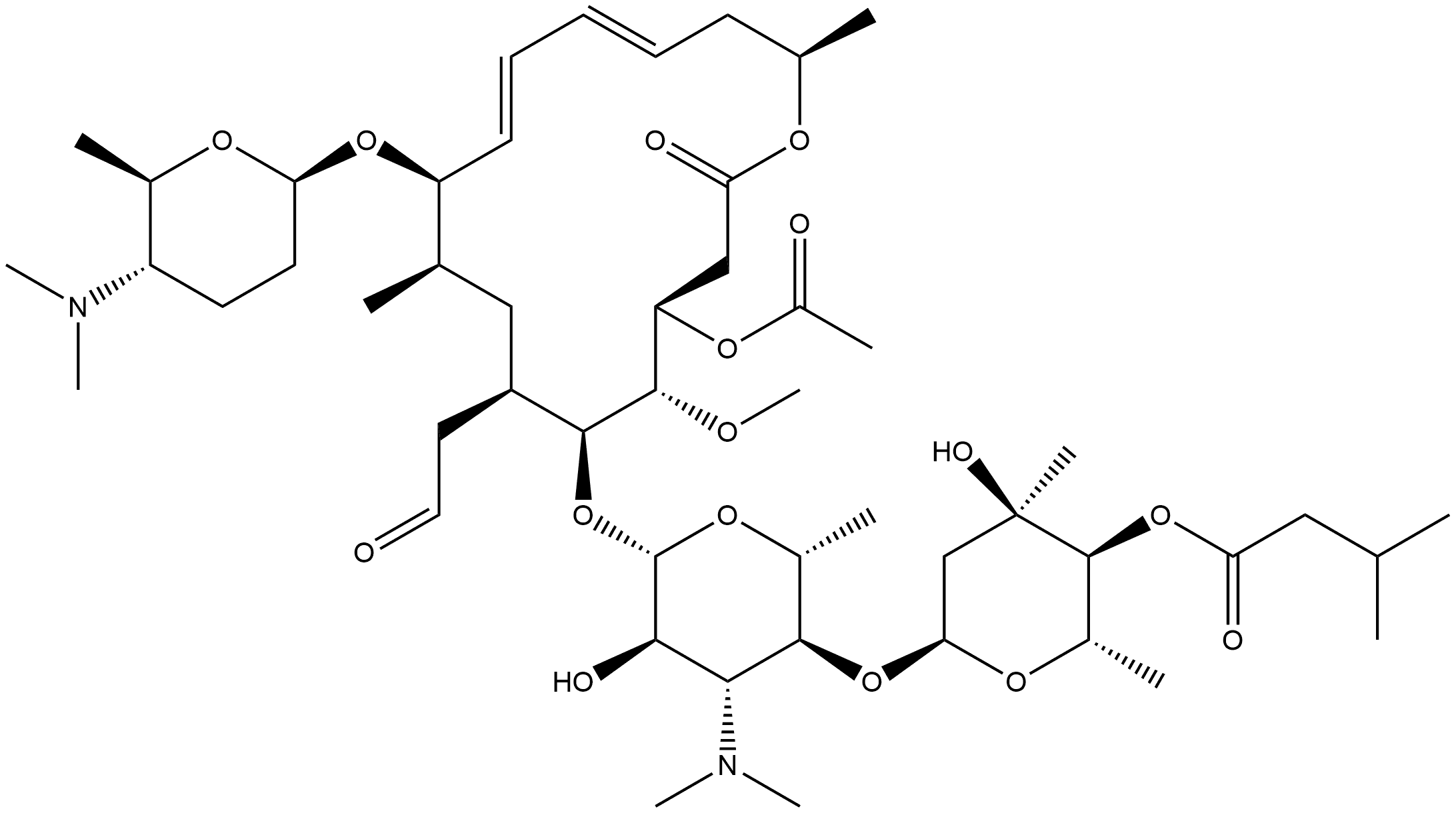 Leucomycin V, 9-O-[(2R,5S,6R)-5-(dimethylamino)tetrahydro-6-methyl-2H-pyran-2-yl]-, 3-acetate 4B-(3-methylbutanoate) Struktur