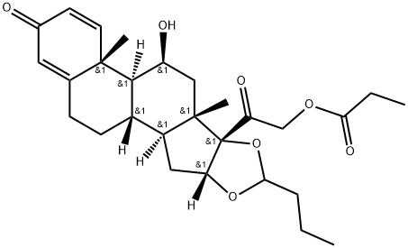 Pregna-1,4-diene-3,20-dione, 16,17-[butylidenebis(oxy)]-11-hydroxy-21-(1-oxopropoxy)-, (11β,16α)- Struktur