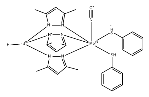 bis(benzenethiolato)nitrosyl(tris(3,5-dimethyl-1-pyrazolyl)hydroborato)molybdenum(II) Struktur