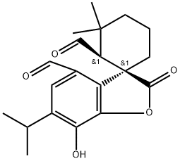 Spiro[benzofuran-3(2H),1'-cyclohexane]-2',4-dicarboxaldehyde, 7-hydroxy-3',3'-dimethyl-6-(1-methylethyl)-2-oxo-, (1'R,2'S)- Struktur