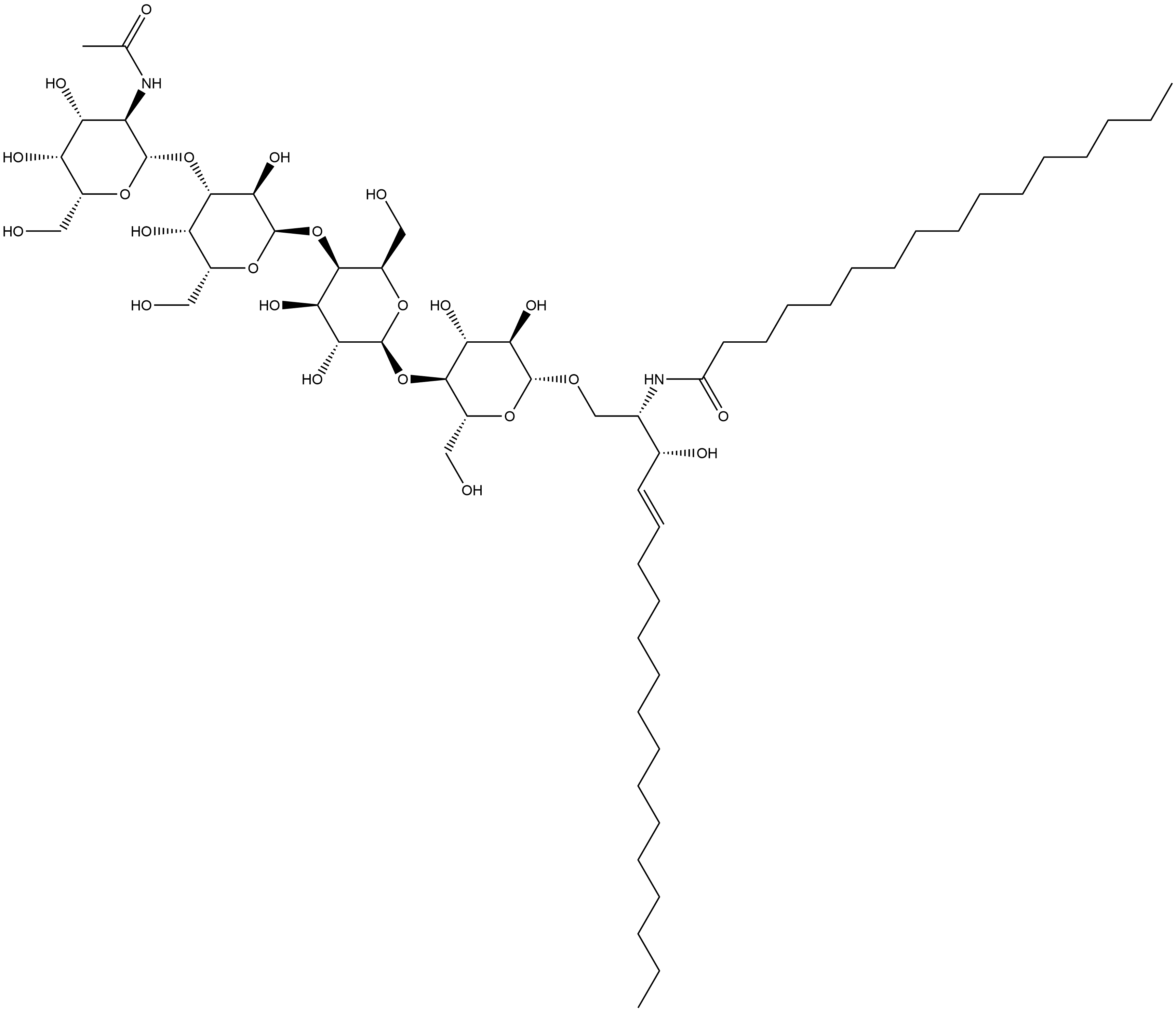 Hexadecanamide, N-[(1S,2R,3E)-1-[[[O-2-(acetylamino)-2-deoxy-β-D-galactopyranosyl-(1→3)-O-α-D-galactopyranosyl-(1→4)-O-β-D-galactopyranosyl-(1→4)-β-D-glucopyranosyl]oxy]methyl]-2-hydroxy-3-heptadecen-1-yl]- Struktur