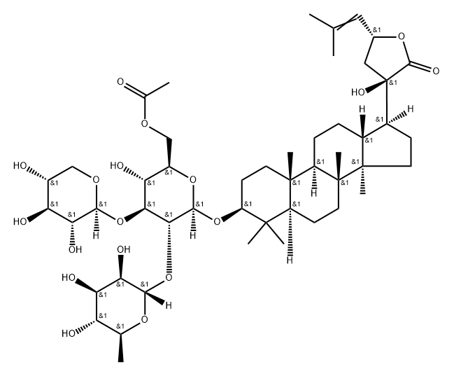 Dammar-24-en-21-oic acid, 3-[(O-6-deoxy-α-L-mannopyranosyl-(1→2)-O-[β-D-xylopyranosyl-(1→3)]-6-O-acetyl-β-D-glucopyranosyl)oxy]-20,23-dihydroxy-, γ-lactone, (3β,20R,23R)- Struktur