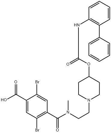 Benzoic acid, 4-[[[2-[4-[[([1,1'-biphenyl]-2-ylamino)carbonyl]oxy]-1-piperidinyl]ethyl]methylamino]carbonyl]-2,5-dibromo- Struktur