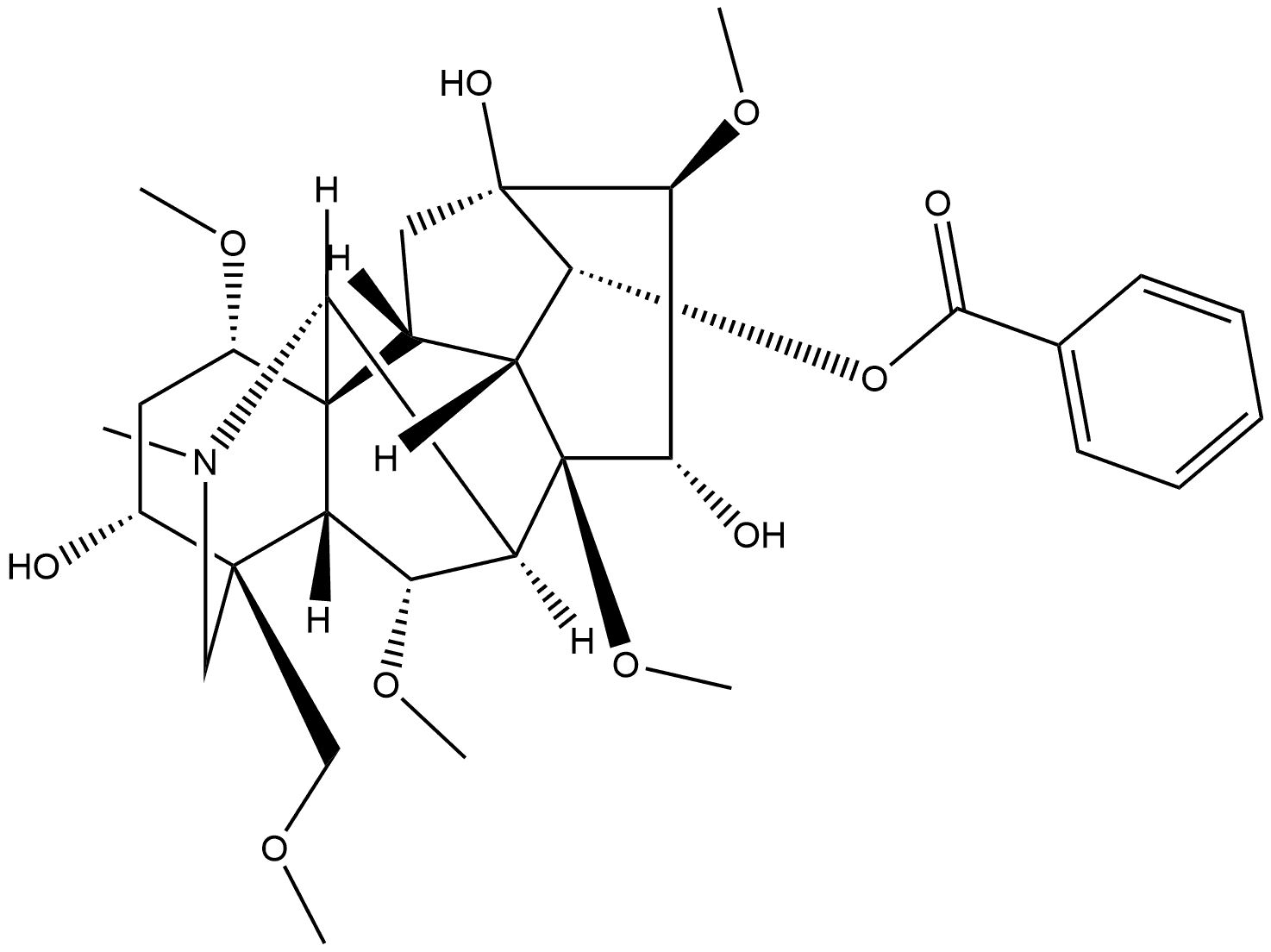 Aconitane-3,13,14,15-tetrol, 1,6,8,16-tetramethoxy-4-(methoxymethyl)-20-methyl-, 14-benzoate, (1α,3α,6α,14α,15α,16β)- Struktur