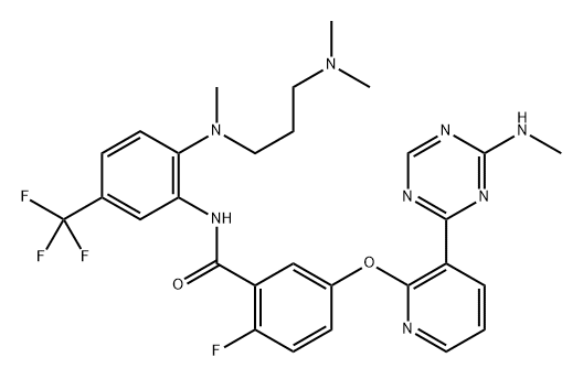 Benzamide, N-[2-[[3-(dimethylamino)propyl]methylamino]-5-(trifluoromethyl)phenyl]-2-fluoro-5-[[3-[4-(methylamino)-1,3,5-triazin-2-yl]-2-pyridinyl]oxy]- Struktur