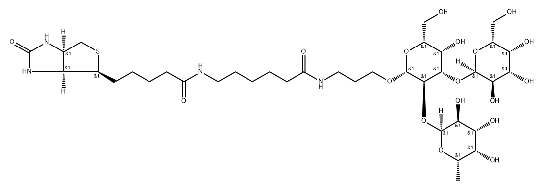 (3aS,4S,6aR)-N-[6-[[3-[(O-6-Deoxy-alpha-L-galactopyranosyl-(1-2)-O-[alpha-D-galactopyranosyl-(1-3)]-beta-D-galactopyranosyl)oxy]propyl]amino]-6-oxohexyl]hexahydro-2-oxo-1H-thieno[3,4-d]imidazole-4-pentanamide Struktur