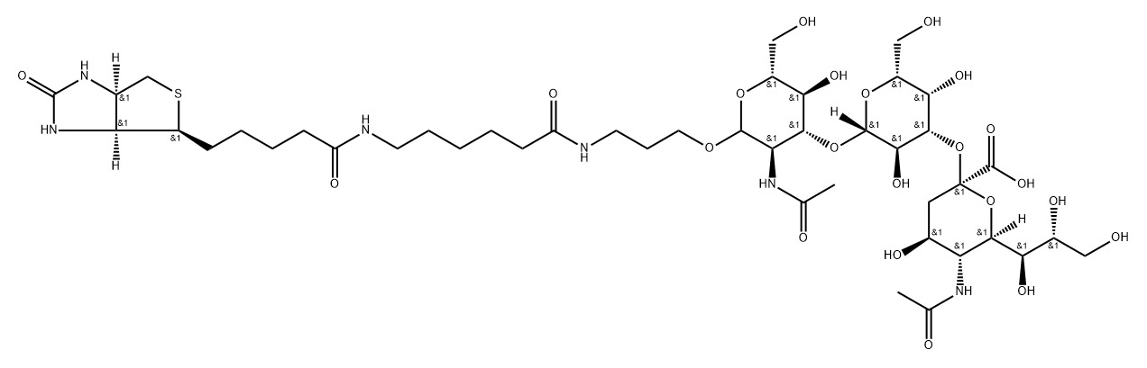 (3aS,4S,6aR)-N-[6-[[3-[[O-(N-Acetyl-alpha-neuraminosyl)-(2-3)-O-beta-D-galactopyranosyl-(1-3)-2-(acetylamino)-2-deoxy-D-glucopyranosyl]oxy]propyl]amino]-6-oxohexyl]hexahydro-2-oxo-1H-thieno[3,4-d]imidazole-4-pentanamide Struktur