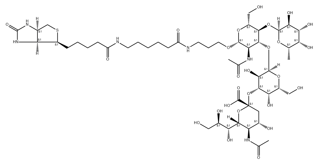 (3aS,4S,6aR)-N-[6-[[3-[[O-(N-Acetyl-alpha-neuraminosyl)-(2-3)-O-alpha-D-galactopyranosyl-(1-3)-O-[6-deoxy-alpha-L-galactopyranosyl-(1-4)]-2-(acetylamino)-2-deoxy-beta-D-glucopyranosyl]oxy]propyl]amino]-6-oxohexyl]hexahydro-2-oxo-1H-thieno[3,4-d]imidazole-4-pentanamide Struktur