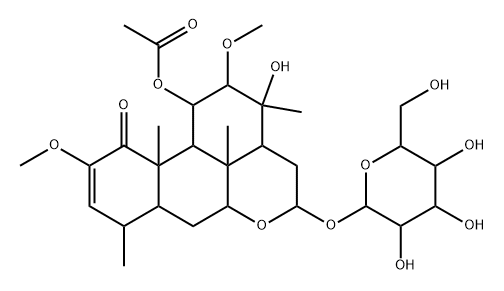 11α-(Acetyloxy)-16α-(β-D-glucopyranosyloxy)-13-hydroxy-2,12β-dimethoxypicras-2-en-1-one Struktur