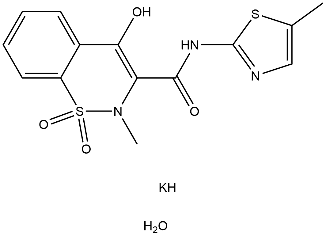 2H-1,2-Benzothiazine-3-carboxamide, 4-hydroxy-2-methyl-N-(5-methyl-2-thiazolyl)-, 1,1-dioxide, potassium salt, hydrate (1:1:1) Struktur