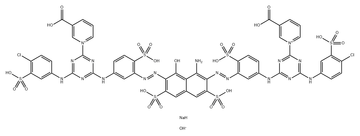 Pyridinium, 1,1'-[(1-amino-8-hydroxy-3,6-disulfo-2,7-naphthalenediyl)bis[azo(4-sulfo-3,1-phenylene) imino[6-[(4-chloro-3-sulfophenyl)amino]-1,3,5-triazine-4,2-diyl]]]bis[3-carboxy-, dihydroxide, hexasodium salt Struktur