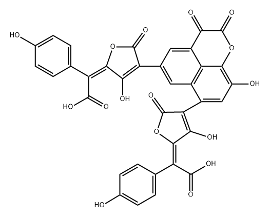 Benzeneacetic acid, α,α'-[(2,3-dihydro-9-hydroxy-2,3-dioxonaphtho[1,8-bc]pyran-5,7-diyl)bis(3-hydroxy-5-oxo-4-furanyl-2(5H)-ylidene)]bis[4-hydroxy-, (αE,α'E)- (9CI) Struktur