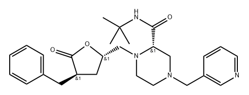 D-erythro-Pentonic acid, 2,3,5-trideoxy-5-[(2S)-2-[[(1,1-dimethylethyl)amino]carbonyl]-4-(3-pyridinylmethyl)-1-piperazinyl]-2-(phenylmethyl)-, γ-lactone Struktur