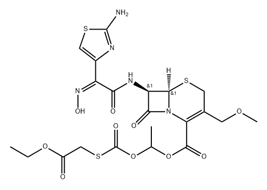 5-Thia-1-azabicyclo[4.2.0]oct-2-ene-2-carboxylic acid, 7-[[(2-amino-4-thiazolyl)(hydroxyimino)acetyl]amino]-3-(methoxymethyl)-8-oxo-, 1-[[[(2-ethoxy-2-oxoethyl)thio]carbonyl]oxy]ethyl ester, [6R-[6α,7β(Z)]]- (9CI) Struktur