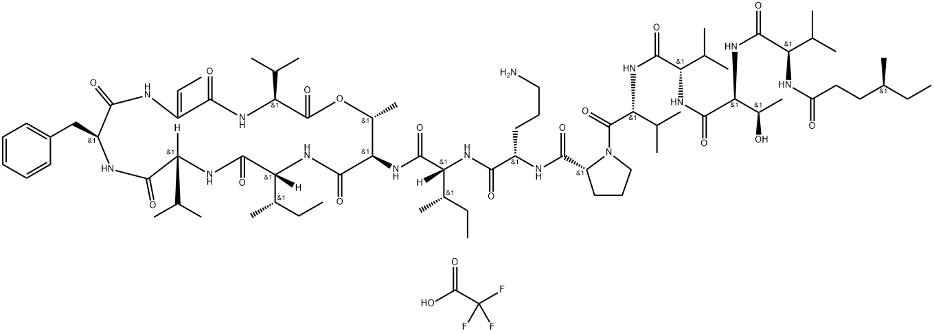 L-Valine, N-[(4S)-4-methyl-1-oxohexyl]-D-valyl-L-threonyl-L-valyl-D-valyl-D-prolyl-L-ornithyl-D-alloisoleucyl-D-allothreonyl-D-alloisoleucyl-D-valyl-L-phenylalanyl-(2Z)-2-amino-2-butenoyl-, (13→8)-lactone, 2,2,2-trifluoroacetate (1:1) Struktur