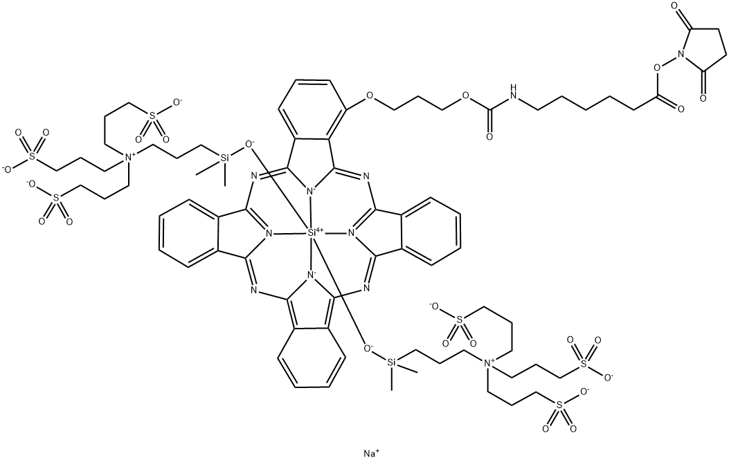 Silicate(4-?)?, [2,?5-?dioxo-?1-?pyrrolidinyl 6-?[[[3-?[(29H,?31H-?phthalocyanin-?1-?yl-?κN29,?κN30,?κN31,?κN32)?oxy]?propoxy]?carbonyl]?amino]?hexanoato(2-?)?]?bis[N-?[3-?[(hydroxy-?κO)?dimethylsilyl]?propyl]?-?3-?sulfo-?N,?N-?bis(3-?sulfopropyl)?-?1-?pr Struktur