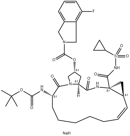 4-Fluoro-1,3-dihydro-2H-isoindole-2-carboxylic acid (2R,6S,12Z,13aS,14aR,16aS)-14a-[[(cyclopropylsulfonyl)amino]carbonyl]-6-[[(1,1-dimethylethoxy)carbonyl]amino]-1,2,3,5,6,7,8,9,10,11,13a,14,14a,15,16,16a-hexadecahydro-5,16-dioxocyclopropa[e]pyrrolo[1,2-a][1,4]diazacyclopentadecin-2-yl ester sodium salt Struktur