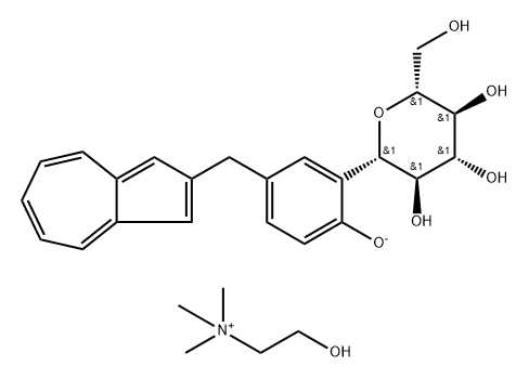 D-Glucitol, 1,5-anhydro-1-C-[5-(2-azulenylmethyl)-2-hydroxyphenyl]-, ion(1-), (1S)-, 2-hydroxy-N,N,N-trimethylethanaminium (1:1) Struktur