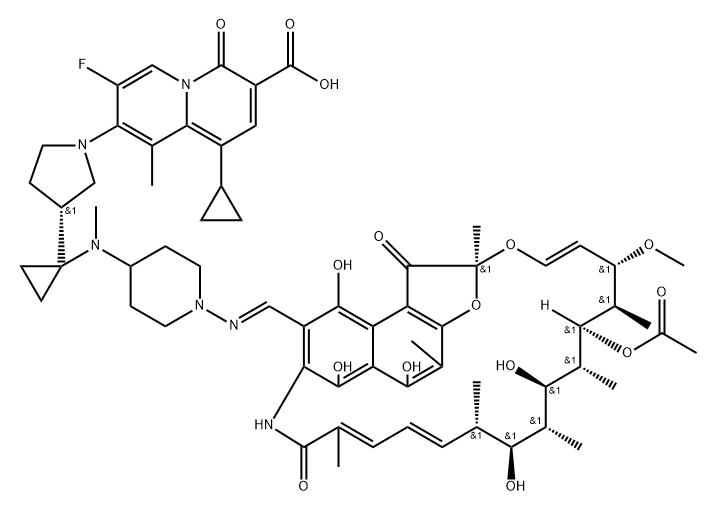 Rifamycin, 3-[(E)-[[4-[[1-[(3R)-1-(3-carboxy-1-cyclopropyl-7-fluoro-9-methyl-4-oxo-4H-quinolizin-8-yl)-3-pyrrolidinyl]cyclopropyl]methylamino]-1-piperidinyl]imino]methyl]- Struktur