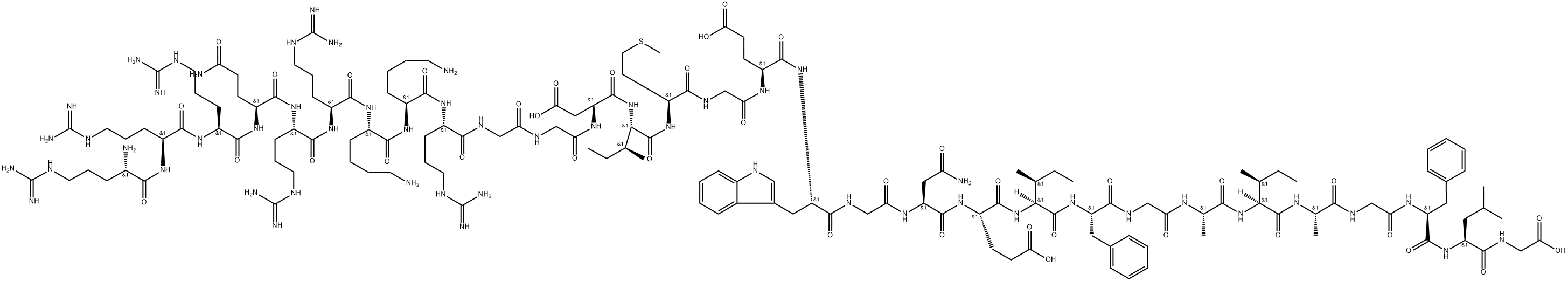 Glycine, L-arginyl-L-arginyl-L-arginyl-L-glutaminyl-L-arginyl-L-arginyl-L-lysyl-L-lysyl-L-arginylglycylglycyl-L-α-aspartyl-L-isoleucyl-L-methionylglycyl-L-α-glutamyl-L-tryptophylglycyl-L-asparaginyl-L-α-glutamyl-L-isoleucyl-L-phenylalanylglycyl-L-alanyl-L-isoleucyl-L-alanylglycyl-L-phenylalanyl-L-leucyl- Struktur