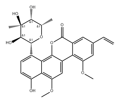 8-Vinyl-10,12-dimethoxy-1-hydroxy-4-(3-C-methyl-6-deoxy-β-L-glucopyranosyl)-6H-benzo[d]naphtho[1,2-b]pyran-6-one Struktur