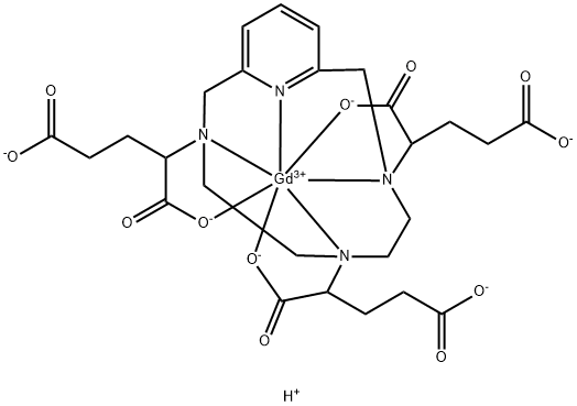 Gadolinate(3-), [γ3,γ6,γ9-tri(carboxy-κO)-3,6,9,15-tetraazabicyclo[9.3.1]pentadeca-1(15),11,13-triene-3,6,9-tributanato(3-)-κN3,κN6,κN9,κN15]-, hydrogen (1:3) Struktur