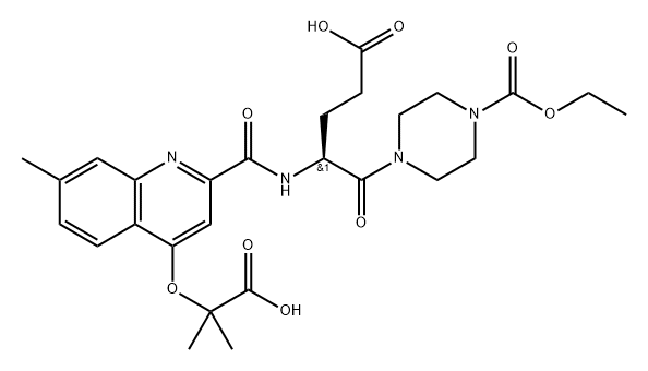 1-Piperazinepentanoic acid, γ-[[[4-(1-carboxy-1-methylethoxy)-7-methyl-2-quinolinyl]carbonyl]amino]-4-(ethoxycarbonyl)-δ-oxo-, (γS)- Struktur