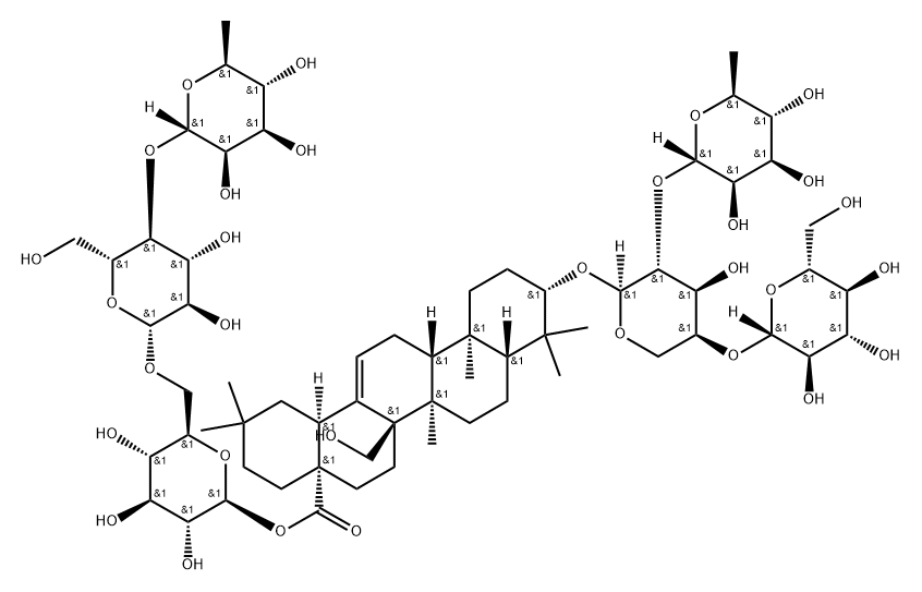 Olean-12-en-28-oic acid, 3-[(O-6-deoxy-α-L-mannopyranosyl-(1→2)-O-[β-D-glucopyranosyl-(1→4)]-α-L-arabinopyranosyl)oxy]-27-hydroxy-, O-6-deoxy-α-L-mannopyranosyl-(1→4)-O-β-D-glucopyranosyl-(1→6)-β-D-glucopyranosyl ester, (3β)- Struktur