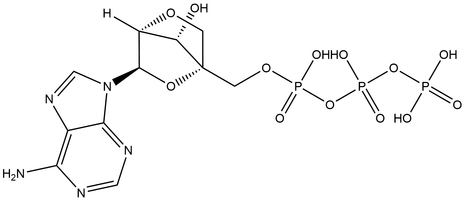 9H-Purin-6-amine, 9-[2,5-anhydro-4-C-(3,5,7,7-tetrahydroxy-3,5,7-trioxido-2,4,6-trioxa-3,5,7-triphosphahept-1-yl)-α-L-lyxofuranosyl]- Struktur