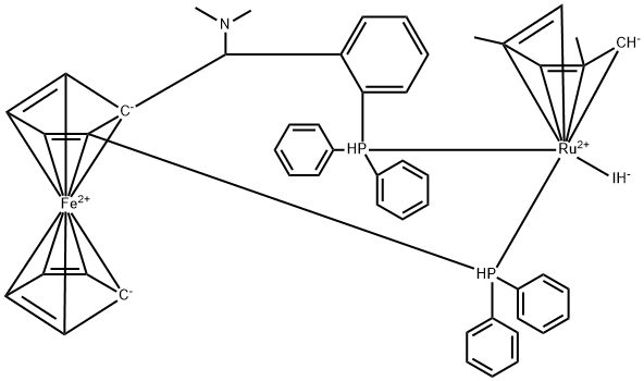 ((R)-1-DIPHENYLPHOSPHINO-2-[(R)-A-(N,N-DIMETHYLAMINO)-O-DIPHENYLPHOSPHINOPHENYL)METHYL]FERROCENE)- (N5-2,4-DIMETHYLPENTADIENYL)-RUTHENIUM-IODIDE Struktur