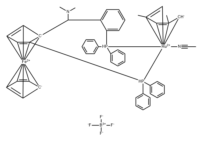 ((S)-1-DIPHENYLPHOSPHINO-2-[(S)-A-(N,N-DIMETHYLAMINO)-O-DIPHENYLPHOSPHINOPHENYL)METHYL]FERROCENE)- (N5-2,4-DIMETHYLPENTADIENYL)-(N-ACETONITRIL)-RUTHENIUM-TETRAFLUOROBORATE Struktur