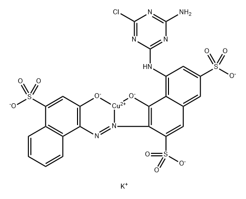 tripotassium [5-[(4-amino-6-chloro-1,3,5-triazin-2-yl)amino]-4-hydroxy-3-[(2-hydroxy-4-sulpho-1-naphthyl)azo]naphthalene-2,7-disulphonato(5-)]cuprate(3-)  Struktur