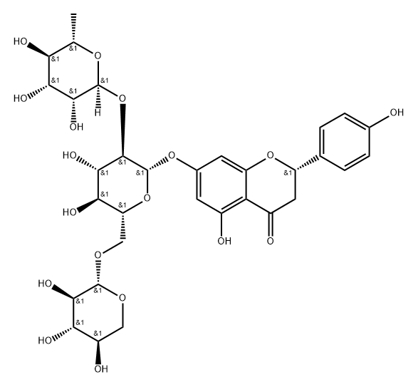 4H-1-Benzopyran-4-one, 7-[(O-6-deoxy-α-L-mannopyranosyl-(1→2)-O-[β-D-xylopyranosyl-(1→6)]-β-D-glucopyranosyl)oxy]-2,3-dihydro-5-hydroxy-2-(4-hydroxyphenyl)-, (2S)- Struktur