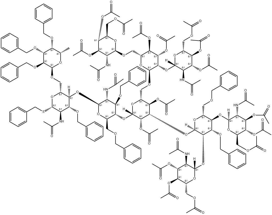 Phenylmethyl O-3,4,6-tri-O-acetyl-2-(acetylamino)-2-deoxy-beta-D-glucopyranosyl-(1-2)-O-[3,4,6-tri-O-acetyl-2-(acetylamino)-2-deoxy-beta-D-glucopyranosyl-(1-4)]-O-3,6-bis-O-(phenylmethyl)-alpha-D-mannopyranosyl-(1-3)-O-[O-3,4,6-tri-O-acetyl-2-(acetylamino)-2-deoxy-beta-D-glucopyranosyl-(1-2)-O-[3,4,6-tri-O-acetyl-2-(acetylamino)-2-deoxy-beta-D-glucopyranosyl-(1-6)]-3,4-di-O-acetyl-alpha-D-mannopyranosyl-(1-6)]-O-2,4-di-O-acetyl-beta-D-mannopyranosyl-(1-4)-O-2-(acetylamino)-2-deoxy-3,6-bis-O-(phenylmethyl)-beta-D-glucopyranosyl-(1-4)-O-[6-deoxy-2,3,4-tris-O-(phenylmethyl)-alpha-L-galactopyranosyl-(1-6)]-2-(acetylamino)-2-deoxy-3-O-(phenylmethyl)-1-thio-beta-D-glucopyranoside Struktur