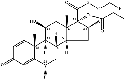 Androsta-1,4-diene-17-carbo(thioperoxoic) acid, 6,9-difluoro-11-hydroxy-16-methyl-3-oxo-17-(1-oxopropoxy)-, SO-(fluoromethyl) ester, (6α,11β,16α,17α)- Struktur