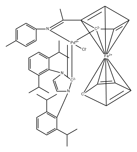 Palladium, [1,3-bis[2,6-bis(1-methylethyl)phenyl]-1,3-dihydro-2H-imidazol-2-ylidene]chloro[2-[1-[(4-methylphenyl)imino-.kappa.N]ethyl]ferrocenyl-.kappa.C]- Struktur