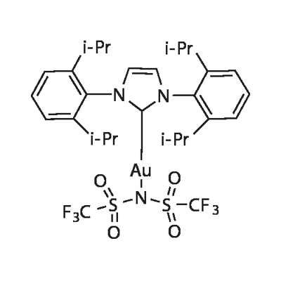 [1,3-Bis[2,6-bis(1-methylethyl)phenyl]-1,3-dihydro-2H-imidazol-2-ylidene][1,1,1-trifluoro-N-[(trifluoromethyl)sulfonyl]methanesulfonamidato-κN]gold Struktur