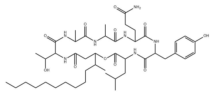 Cyclo[D-aThr-L-Ala-D-Ala-L-Gln-D-Tyr-L-Leu-2-deamino-3-(1-methylundecyl)-Ser*-] Struktur