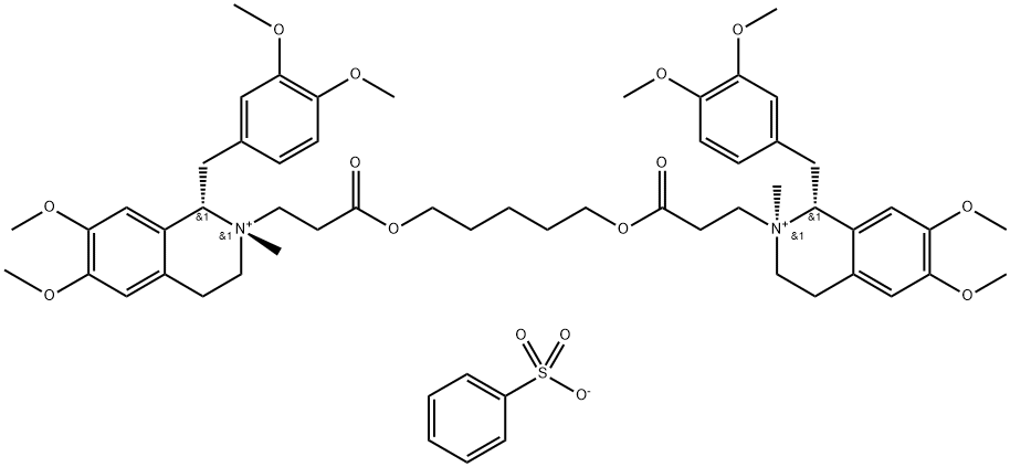 Isoquinolinium, 2,2'-[1,5-pentanediylbis[oxy(3-oxo-3,1-propanediyl)]]bis[1-[(3,4-dimethoxyphenyl)methyl]-1,2,3,4-tetrahydro-6,7-dimethoxy-2-methyl-, (1R,1'S,2S,2'S)-, dibenzenesulfonate (9CI) Struktur