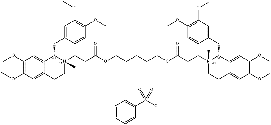 Isoquinolinium, 2,2'-[1,5-pentanediylbis[oxy(3-oxo-3,1-propanediyl)]]bis[1-[(3,4-dimethoxyphenyl)methyl]-1,2,3,4-tetrahydro-6,7-dimethoxy-2-methyl-, (1R,1'S,2R,2'S)-rel-, dibenzenesulfonate (9CI) Struktur