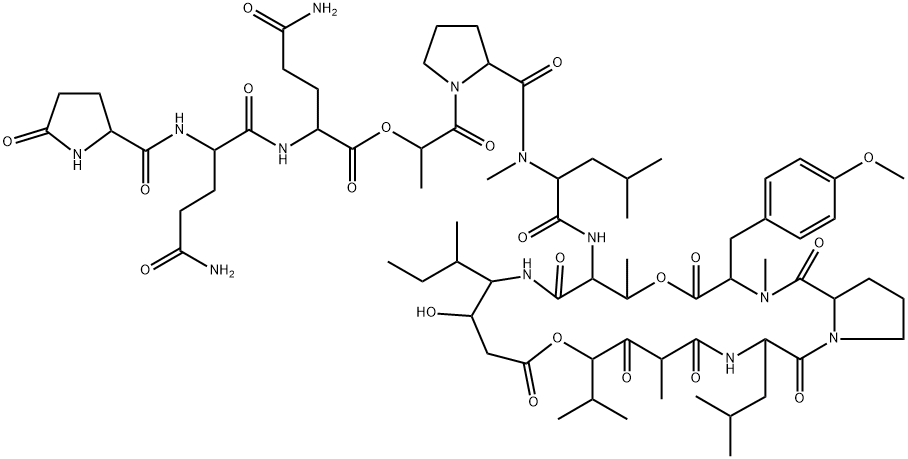 N-(5-Oxo-L-Pro-L-Gln-L-Gln-L-Lac-L-Pro-N-methyl-D-Leu-)cyclo[L-Thr*-[(3S,4R)-3-hydroxy-4-[(S)-1-methylpropyl]-γAbu-]-[(2S,4S)-4-hydroxy*-2,5-dimethyl-3-oxohexanoyl]-L-Leu-L-Pro-N,O-dimethyl-L-Tyr-] Struktur