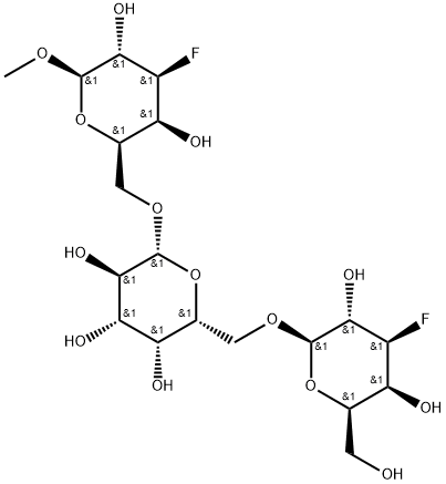 methyl O-(3-deoxy-3-fluoro-galactopyranosyl)(1-6)-O-galactopyranosyl(1-6)-3-deoxy-3-fluorogalactopyranoside Struktur