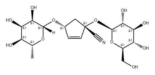 (1S,4R)-1-(β-D-グルコピラノシルオキシ)-4-(6-デオキシ-β-D-アロピラノシルオキシ)-2-シクロペンテン-1-カルボニトリル 化學(xué)構(gòu)造式