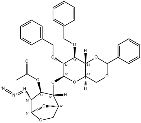 b-D-Glucopyranose, 1,6-anhydro-2-azido-4-O-[2,3-bis-O-(phenylMethyl)-4,6-O-(phenylMethyl ene)-b-D-glucopyranosyl]-2-deoxy-, 3-acetate Struktur