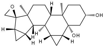 Spiro[8H-cyclopropa[l]cyclopropa[4,5]cyclopenta[1,2-a]phenanthrene-8,2'-oxirane]-1b,3(2H)-diol, hexadecahydro-5a,7a-dimethyl-, (1aR,1bR,2'R,3S,5aR,5bS,7aS,8aS,9aS,9bS,9cR,9dR)- Struktur